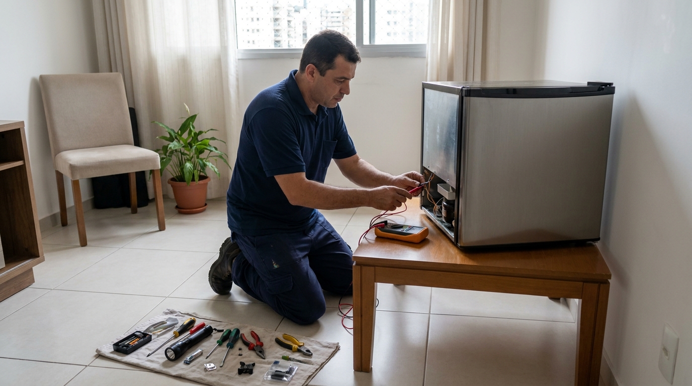 Técnico fazendo manutenção do motor de frigobar em Vitória da Conquista‑BA